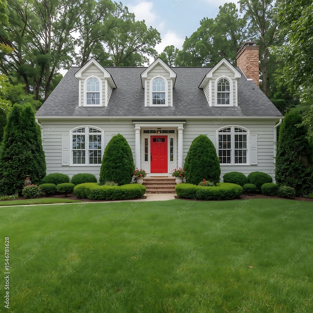 Obraz premium Charming white colonial home with dark shutters and covered porch.