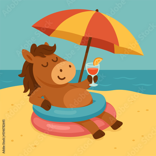 Relaxed cartoon horse sunbathing on the beach with a tropical cocktail, under a bright umbrella and floating rings, flat summer animal illustration with ocean background and chill vacation vibes