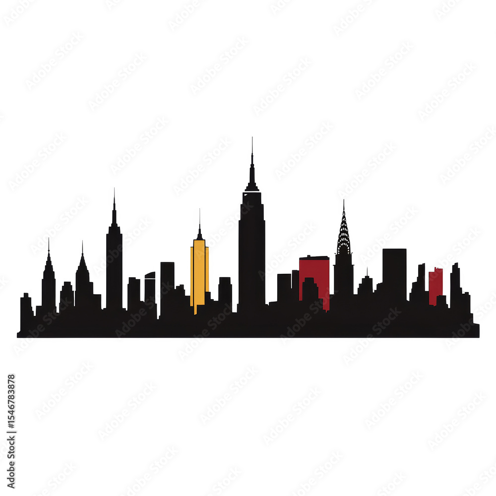 Fototapeta premium City skyline illustration with stylized buildings and colorful elements