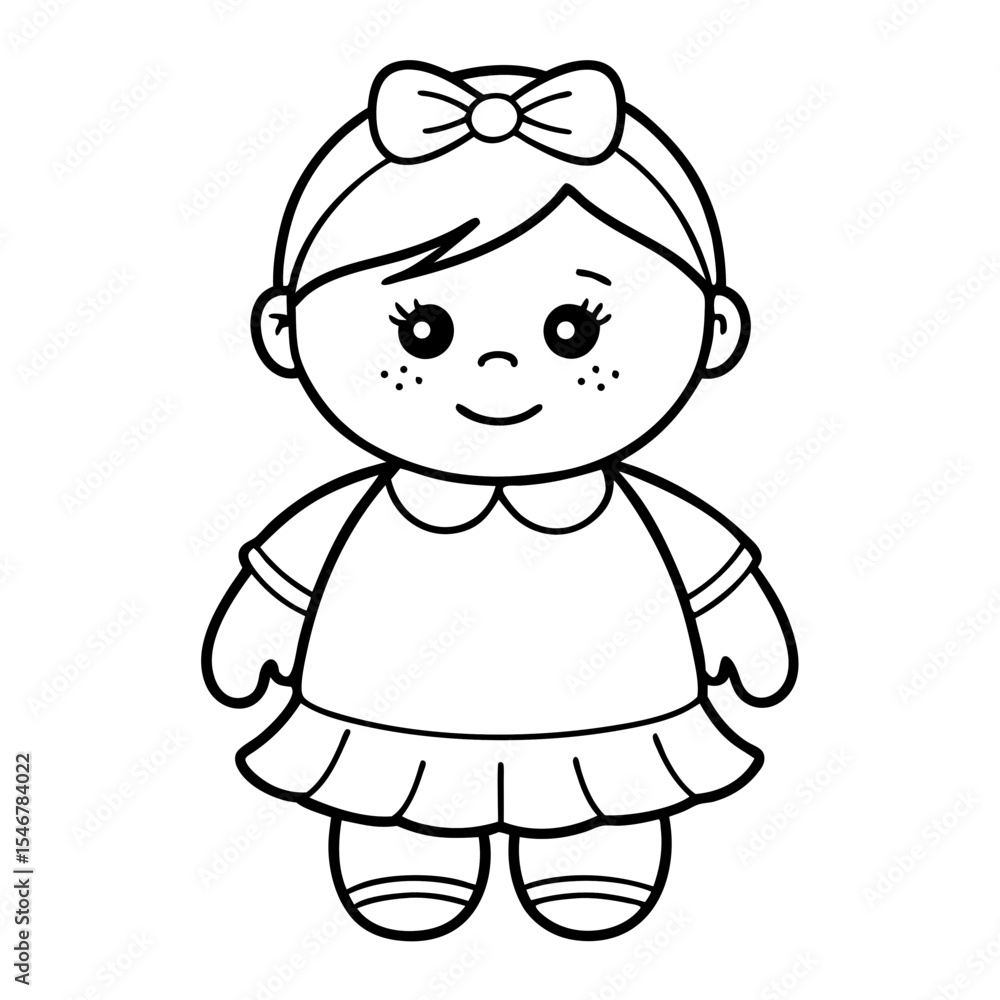 Cute cartoon girl doll character with a bow and smiling expression Cute cartoon girl doll character with a bow and smiling expression