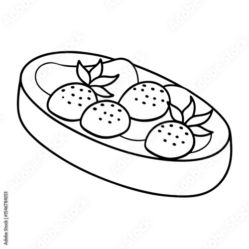 Line art of bruschetta with strawberries and basil leaves  