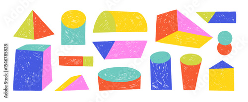 Funky abstract isometric geometric shapes and forms. Crayon drawn playful 3D figures. Set of isometric simple childish constructions. Colorful hand drawn vector shapes. Cylinder, pyramid, cube.