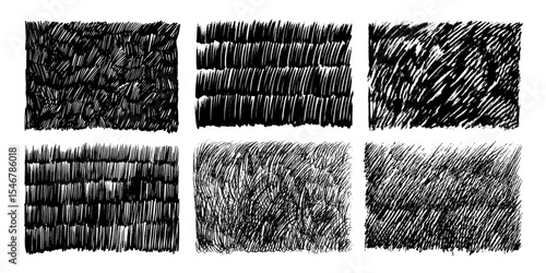 Pencil or crayon texture rectangles. Hand drawn vector cross hatch. Graphic grunge charcoal texture. Doodle pencil dashes, messy short pen lines. Rough crayon strokes. Crosshatch pattern collection.