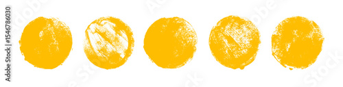 Collection of yellow rough brush strokes. Artistic chinese or japanese calligraphy blots. Hand drawn texture grunge circles, round rough shapes. Vector seal and ink stamps. Yellow symbols of sun.