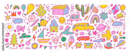 Crayon drawn kid cute doodle set. Colorful funky doodle shapes, cars, bird, clouds, houses. Squiggles in childish girly style.