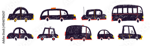 Crayon drawn naive funky kid cars collection. Graphic sketch childish pencil drawn elements. Vector black ink illustration. Cute childish cars. Vector kid cute doodle set. Crayon cartoon transports.