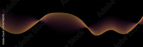 Flowing dots particles wave pattern gold isolated on black background. Vector in concept of technology, science, music, modern.
