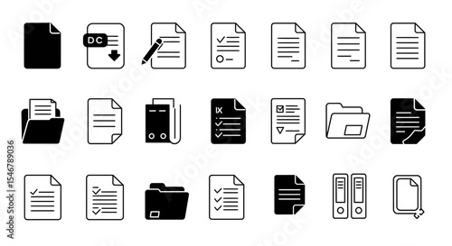 Vector Minimalist Line Art SVG Icon Set of Document Files and Folders in Monochrome Style for Digital and Web Applications