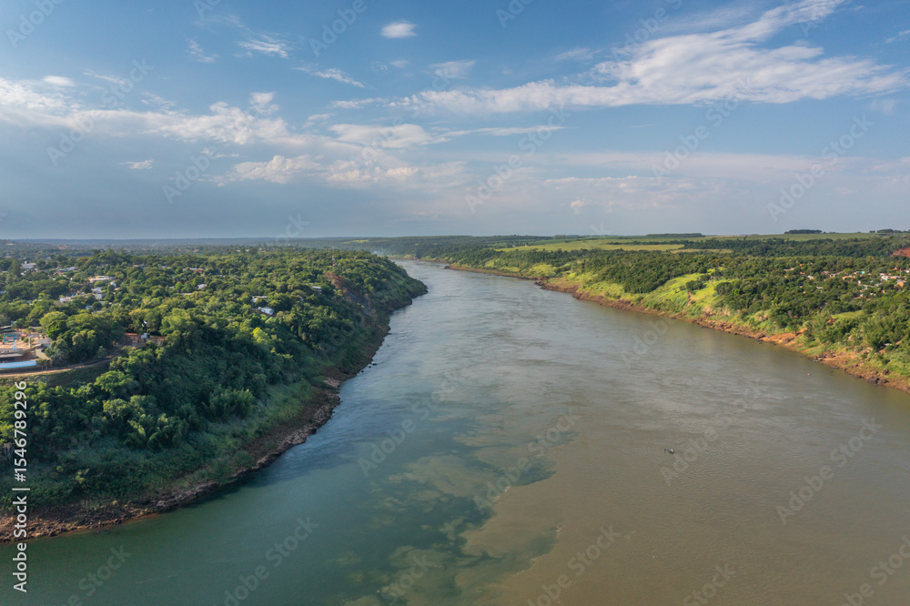 Fototapeta premium Aerial view of the Iguazu river between Argentina and Brazil.