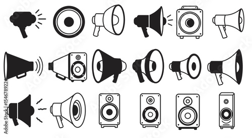 Vector SVG Icon Set of Loudspeakers and Megaphones in Flat Design Style with Black and White Color Scheme for Audio and Communication Applications