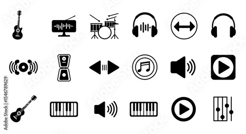Icon Vector SVG Set of Music and Audio Symbols with Flat Design Style in Black and White for Digital Media