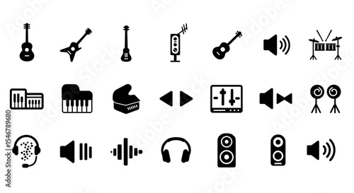 Vector SVG Icon Set of Musical Instruments and Audio Equipment in Minimalist Flat Style with Black Silhouettes