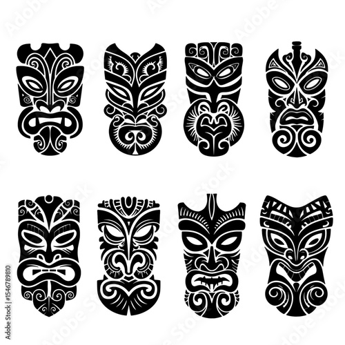 A set of 8 Maori style hei tiki tattoo design, icon minimalist style. Vector illustration. Isolated on transparent background.	