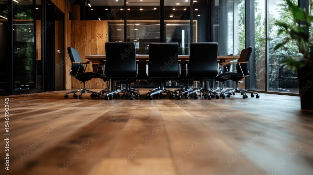 Fototapeta premium This sophisticated meeting room design showcases a sleek conference table surrounded by ergonomic chairs, embodying professionalism, collaboration, and contemporary aesthetics in a workspace.
