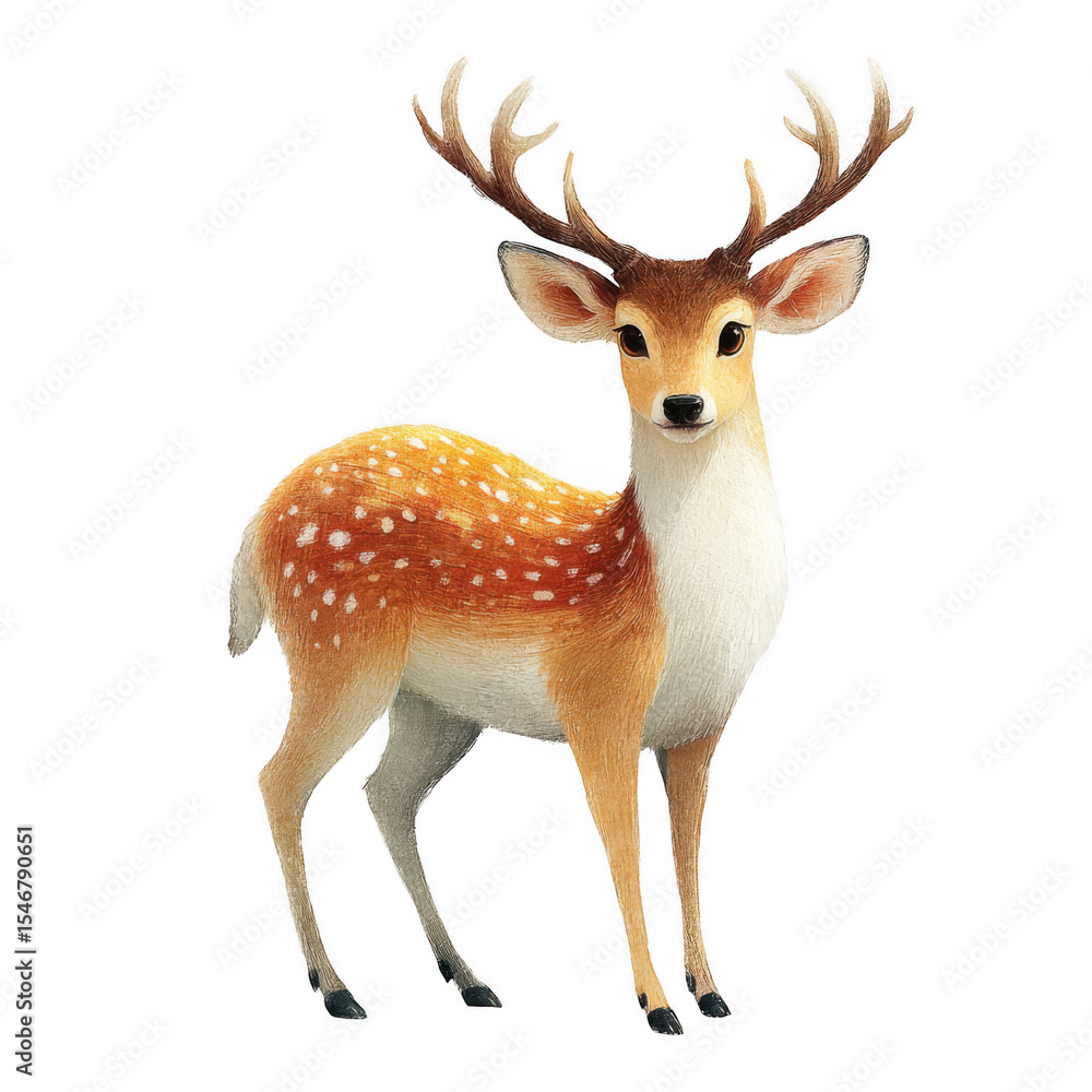 Obraz premium Illustration of a cute spotted deer with antlers, isolated on transparent background