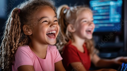 An adorable scene featuring two girls laughing heartily while playing on computers, capturing pure joy, friendship, and the engaging world of digital entertainment.