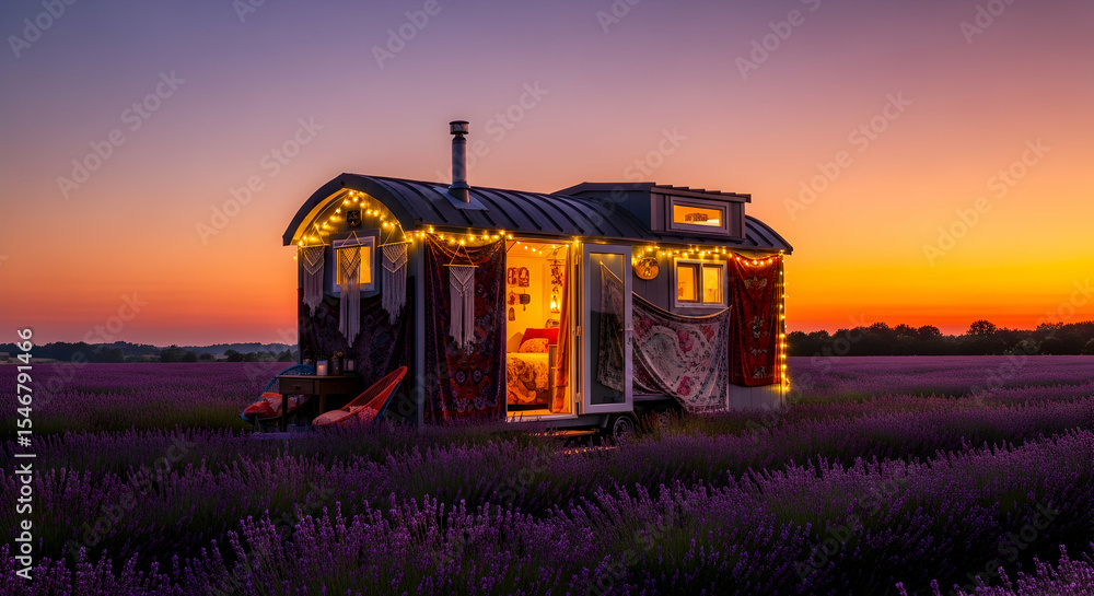 Fototapeta premium Charming Tiny Home Amidst Lavender Fields Under Dramatic Sunset Light
