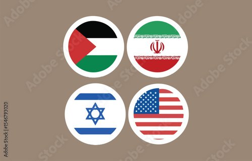 Palestine iran israel and united states flags in circular icons on neutral background
