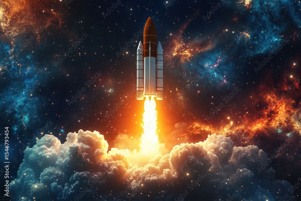 Obraz premium Spectacular rocket launch amidst vibrant galaxy backdrop showcasing space exploration and innovation, rocket launch on space galaxy background Photo in