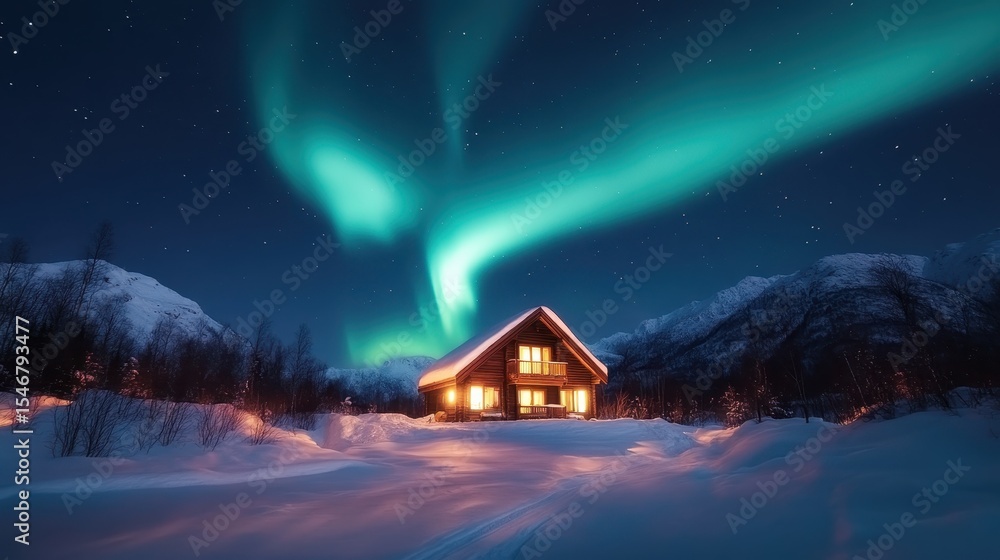 Fototapeta premium A picturesque cabin surrounded by snow and illuminated by the ethereal glow of the Northern Lights, creating a serene and magical winter landscape.