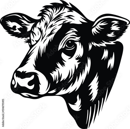 A minimalist black and white cow head vector, silhouette of a cow standing, designed in a clean and simple vector graphic style, with no background, perfect for logos, icons, or modern design themes
