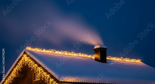 Cozy Winter Evening: Snow Covered Roof With Lights And Chimney Smoke
