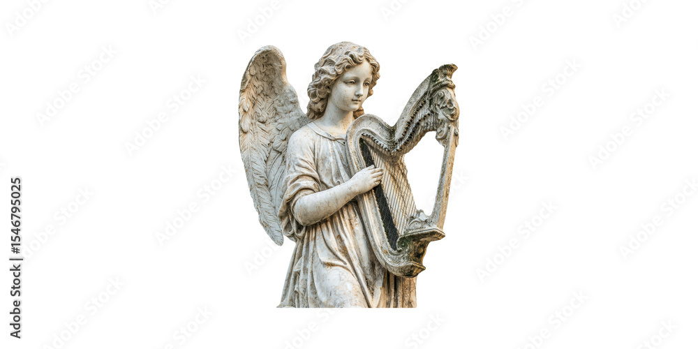Obraz premium Angel statue playing harp sculpture with wings isolated on transparent background