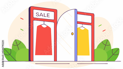 Fashion store entrance with sale signs and colorful clothes illustration for marketing campaigns