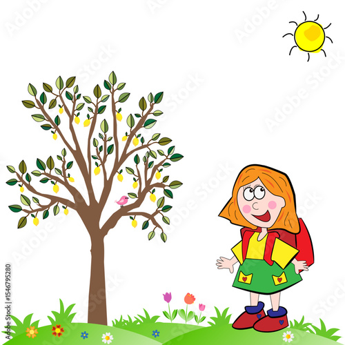 Paisaje de campo con niña y mochila.