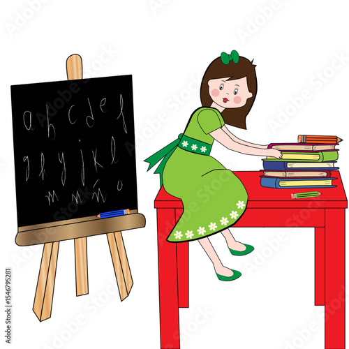Chica sentada en la mesa del aula.