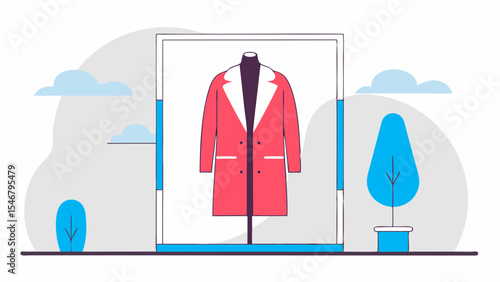 Stylish coat display in a modern shop window illustration for fashion retail marketing