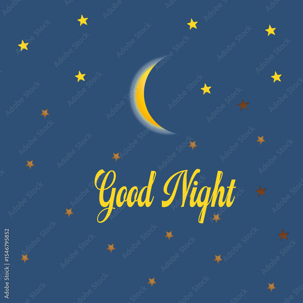 Naklejka premium A peaceful night-time illustration featuring a glowing moon surrounded by twinkling stars, evoking calm and serenity.