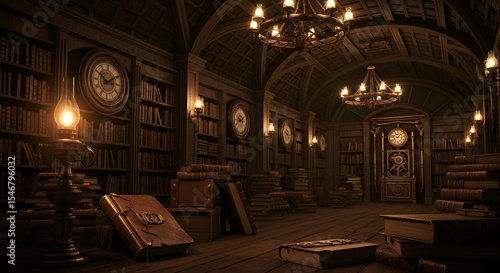 Enigmatic Library Interior with Antique Books Clocks and Warm Illumination