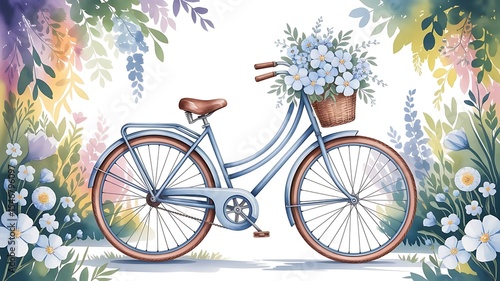 Delicate watercolor illustration of a vintage bicycle surrounded by blue flowers and garden elements. Designed as part of a wedding or stationery set
