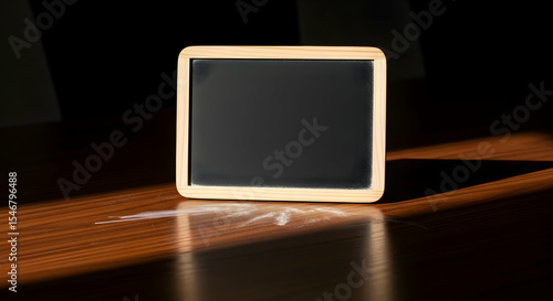 Blank Chalkboard On a Desk In Sunlight Ready To Receive Your Message