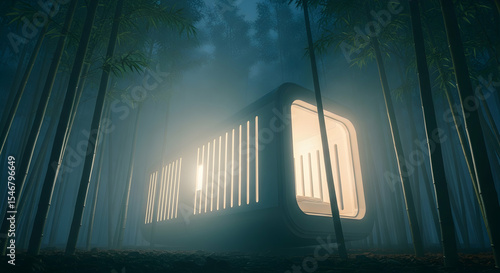 Minimalist Cabin Retreat Surrounded By Serene Bamboo Forest At Twilight