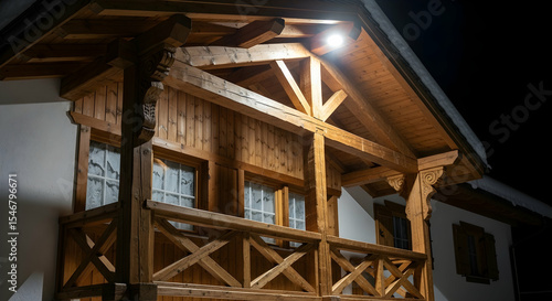 Cozy Alpine Architecture Wooden Balcony Under Night Light