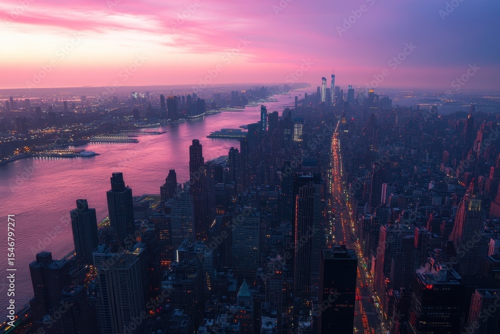 Fototapeta premium Aerial twilight time lapse over Manhattan showcasing vibrant skies and city lights, Timelapse aerial of twilight in Manhattan