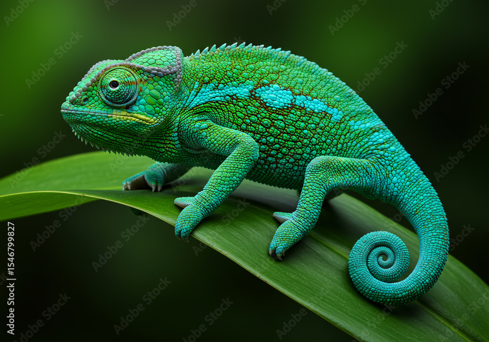 Obraz premium Vibrant Green Chameleon on Lush Leaf Close-Up Photography