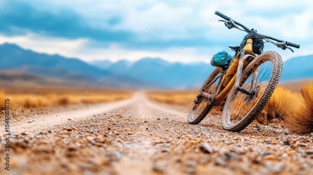 Obraz premium A rugged mountain bike leaning against a post on a dusty trail surrounded by mountains and fields, embodying adventure and the thrill of outdoor exploration.