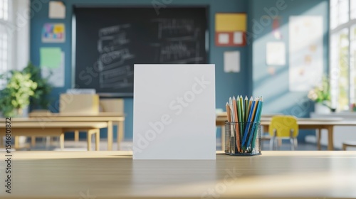 Wallpaper Mural Blank paper mockup on desk in bright classroom. Torontodigital.ca