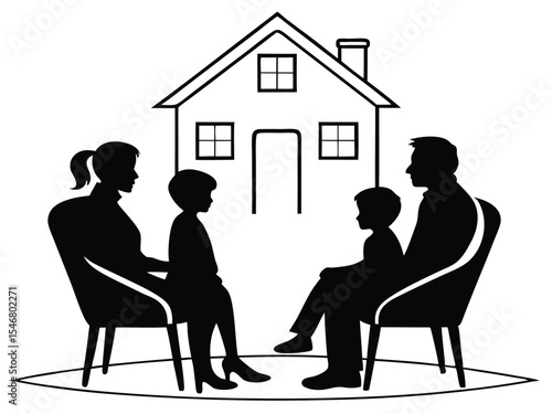 Family silhouette two adults and two children isolated on white background