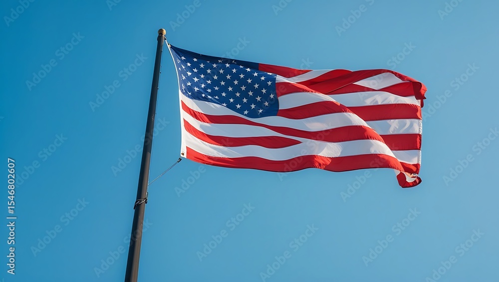 Obraz premium A vibrant American flag flutters in the breeze under a bright blue sky