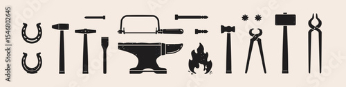 Set of blacksmith tools graphic icons. The most complete collection of forging tool signs isolated on a white background.