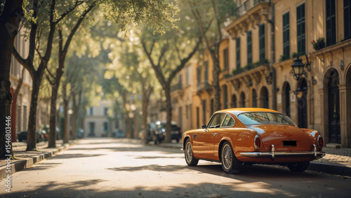 Orange classic car parked on a charming, tree-lined European street on a sunny afternoon.