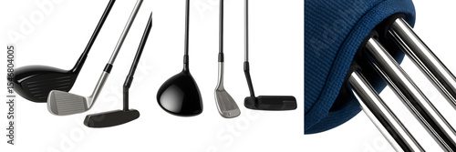 Complete golf club line-up – driver, iron, hybrid, wedge and putter fan spread – realistic 3D render isolated on transparent background
