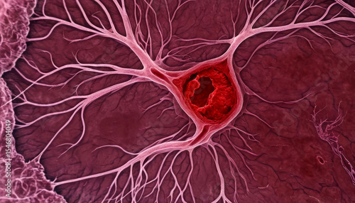 Microscopic view of a neuron with branched dendrites and a central cell body. Blood capillaries, neurons, tissue section under a microscope, blood clots, cholesterol.