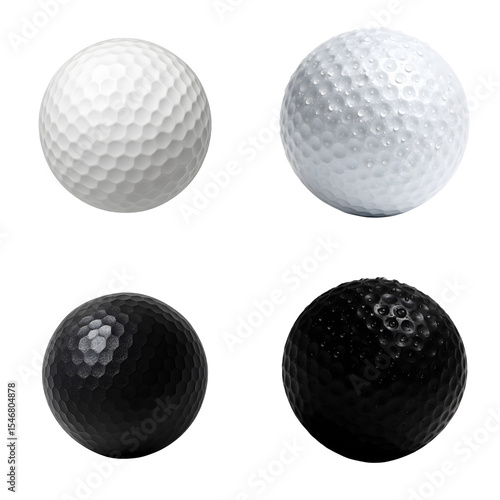 Contrast set of golf balls – matte white, wet white, matte black and wet black – macro 3D renders isolated on transparent background