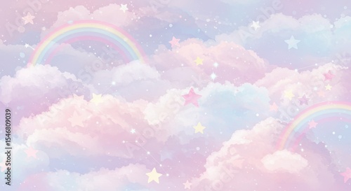 Pastel Rainbow Sky Dreamy Background, Watercolor Clouds, Stars Background
