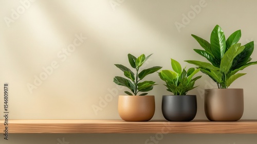 Wallpaper Mural A minimalistic arrangement of three decorative plants in stylish pots positioned on a wooden shelf and illuminated by warm, natural light creating a serene ambiance. Torontodigital.ca